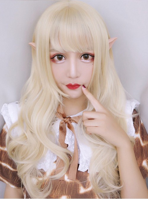 Elves Girls Long Curly Hair Lolita Pale Gold Wig