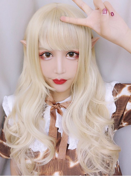 Elves Girls Long Curly Hair Lolita Pale Gold Wig