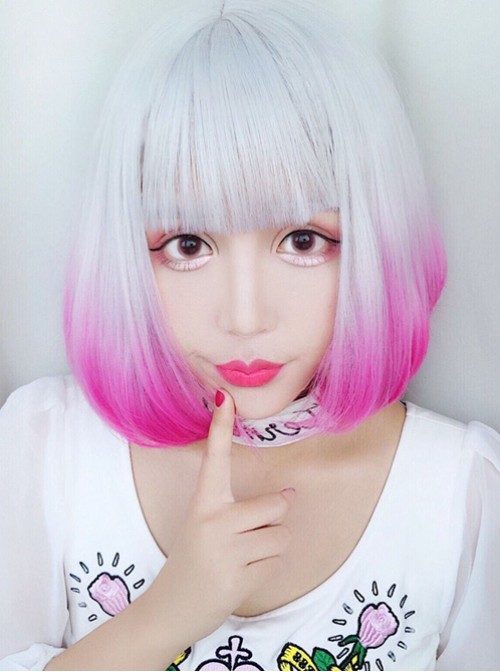 Rinka Haircut Short Curly Hair Silver Pink Gradient Lolita Wig