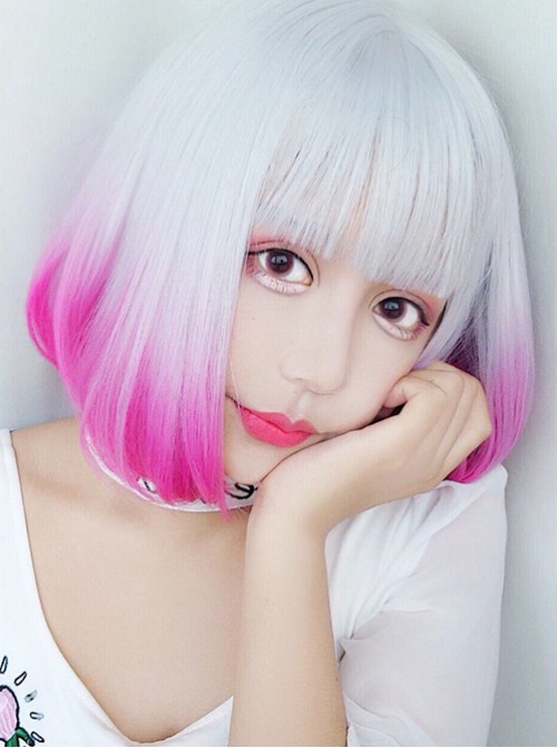 Rinka Haircut Short Curly Hair Silver Pink Gradient Lolita Wig