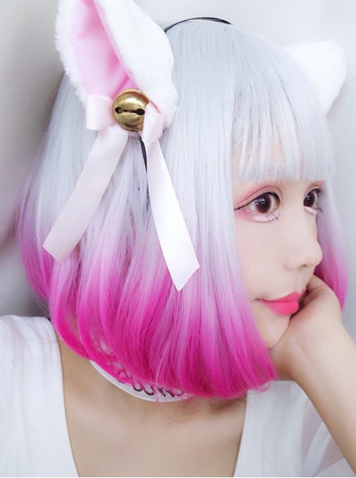 Rinka Haircut Short Curly Hair Silver Pink Gradient Lolita Wig