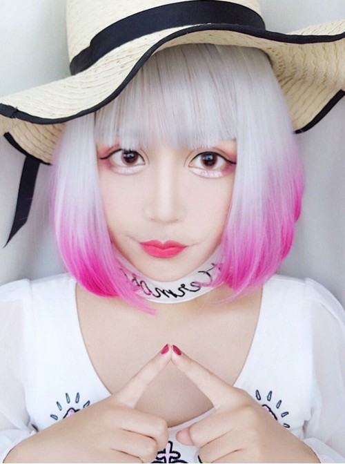 Rinka Haircut Short Curly Hair Silver Pink Gradient Lolita Wig