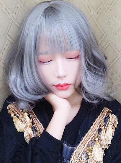 Harajuku Style Large Wavy Short Curly Hair Granny Grey Lolita Wig