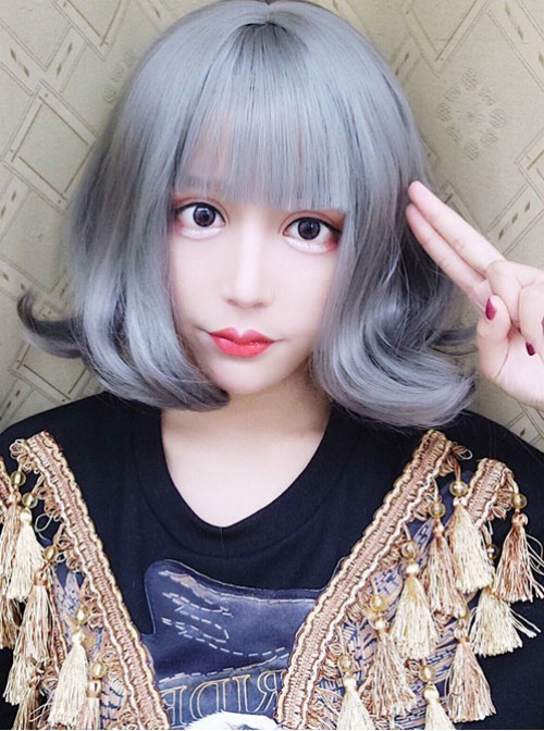 Harajuku Style Large Wavy Short Curly Hair Granny Grey Lolita Wig