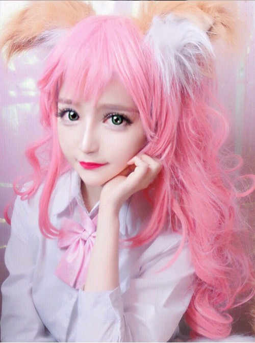 Lovely Large Wave Long Curly Hair Light Pink Cosplay Lolita Wig