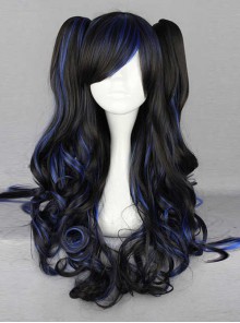 Black Highlights Blue Long Wavy Curly Hair Cosplay Lolita Wig