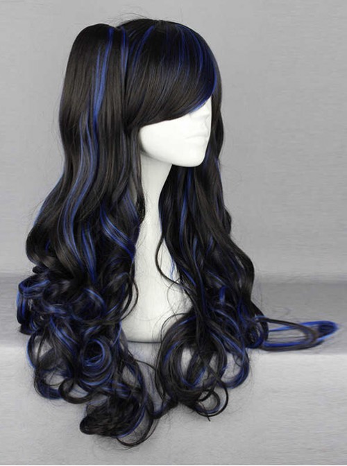 Black Highlights Blue Long Wavy Curly Hair Cosplay Lolita Wig