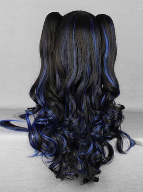 Black Highlights Blue Long Wavy Curly Hair Cosplay Lolita Wig