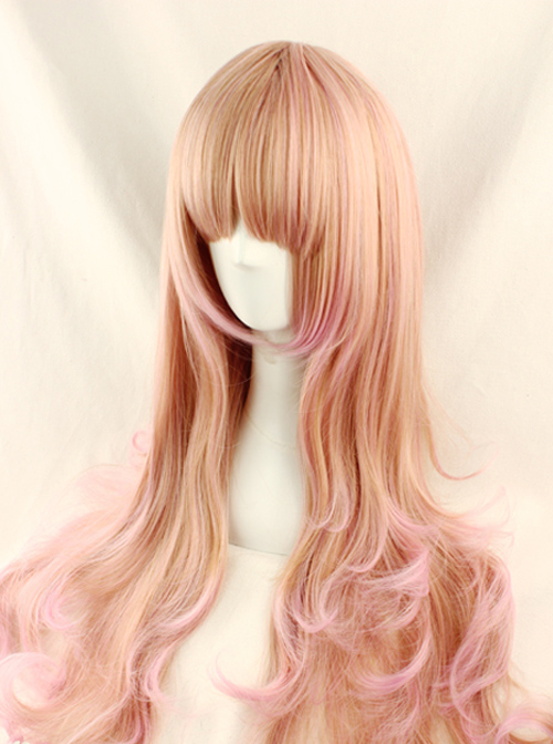 Harajuku Style Pale Gold Highlights Pink Long Curled Hair Lolita Wig