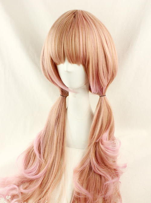 Harajuku Style Pale Gold Highlights Pink Long Curled Hair Lolita Wig