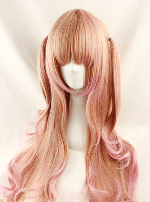 Harajuku Style Pale Gold Highlights Pink Long Curled Hair Lolita Wig