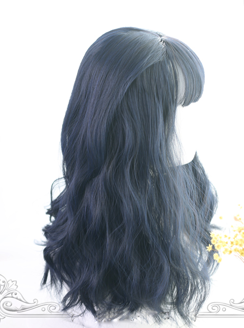 Air-bangs Small Wave Long Curly Hair Navy Blue Lolita Wig