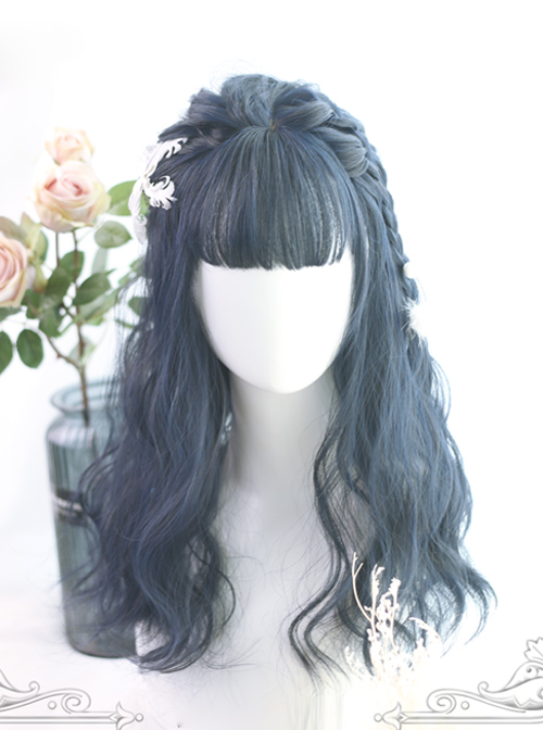 Air-bangs Small Wave Long Curly Hair Navy Blue Lolita Wig