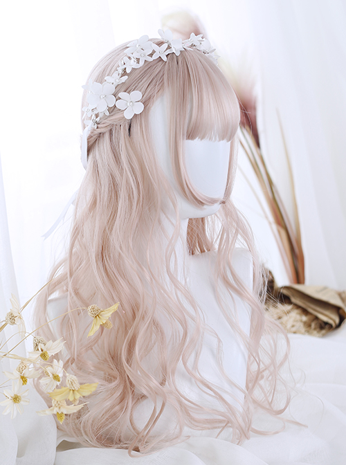 Air-bangs Hime Cut Light Pink Long Curly Hair Lolita Wig