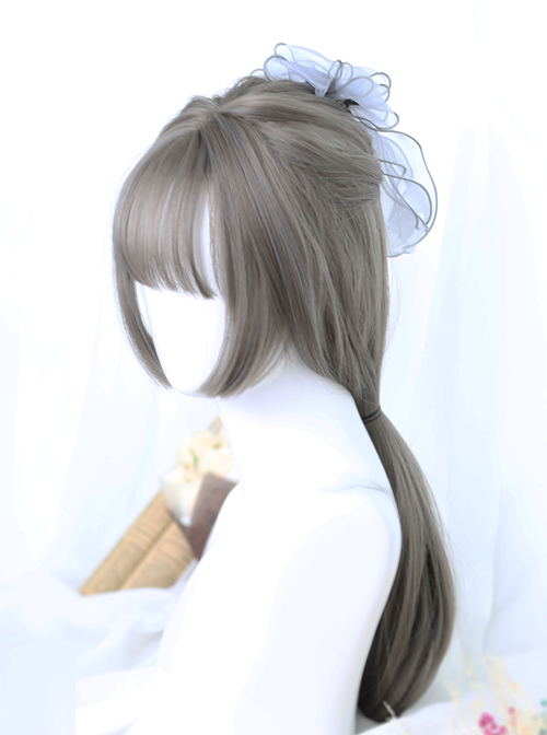 Linen Gray Long Straight Hair Hime Cut Lolita Wig