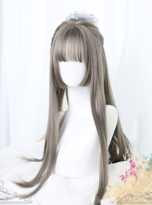 Linen Gray Long Straight Hair Hime Cut Lolita Wig