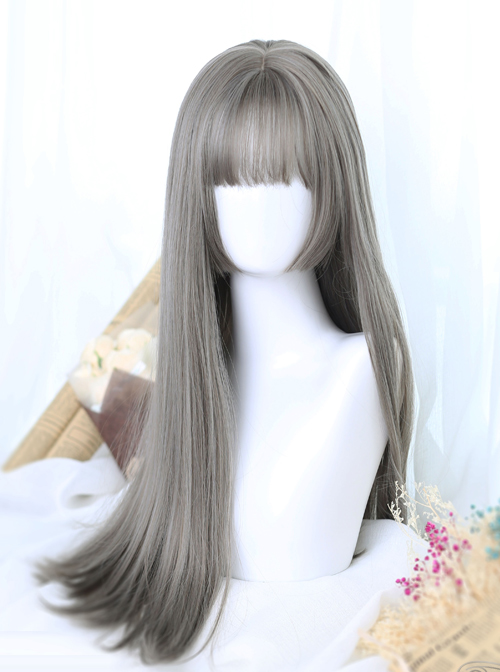 Linen Gray Long Straight Hair Hime Cut Lolita Wig