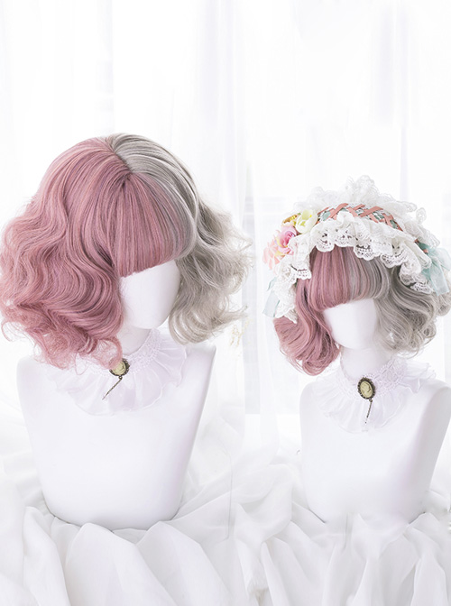 Pink And Gray Left And Right Gradient Short Curly Hair Lolita Wigs