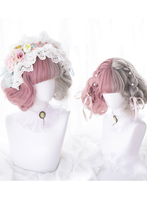 Pink And Gray Left And Right Gradient Short Curly Hair Lolita Wigs