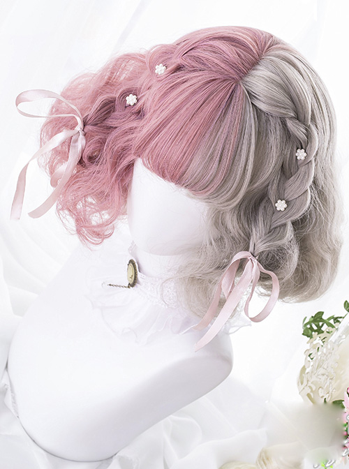 Pink And Gray Left And Right Gradient Short Curly Hair Lolita Wigs