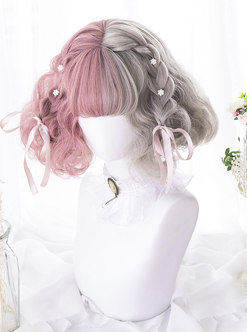 Pink And Gray Left And Right Gradient Short Curly Hair Lolita Wigs