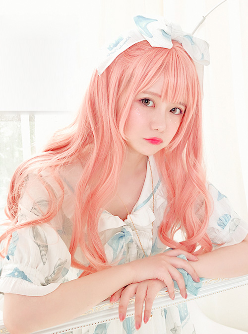 Flamingo Series Air bangs Medium Long Curly Hair Pink Lolita Wigs