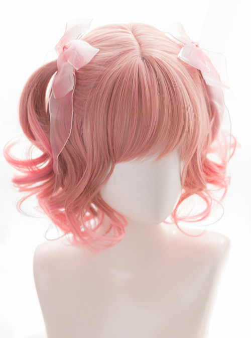 Pink Gradient Short Curly Hair Air bangs Sweet Lolita Wigs
