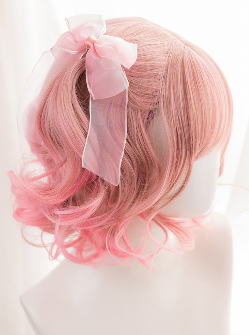 Pink Gradient Short Curly Hair Air bangs Sweet Lolita Wigs