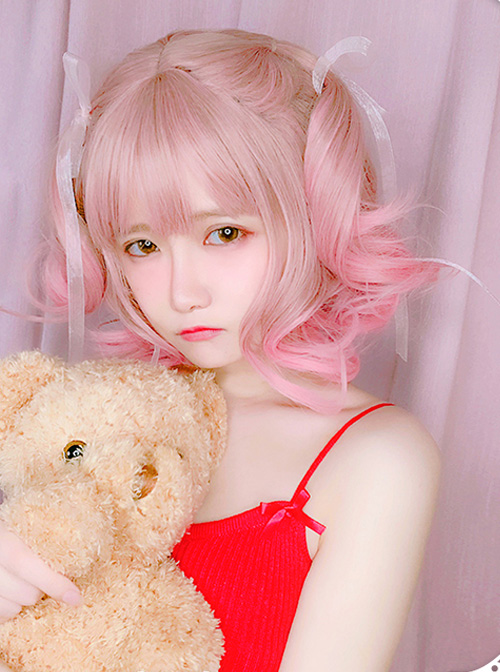 Pink Gradient Short Curly Hair Air bangs Sweet Lolita Wigs