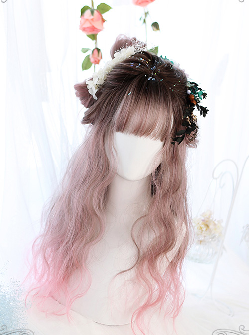 Air bangs Long Curly Hair Sweet Lolita Pink Gradient Wigs