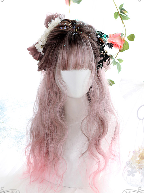 Air bangs Long Curly Hair Sweet Lolita Pink Gradient Wigs