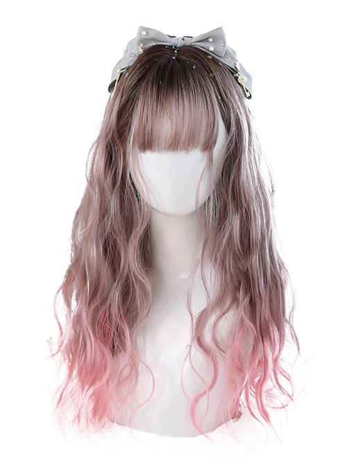 Air bangs Long Curly Hair Sweet Lolita Pink Gradient Wigs