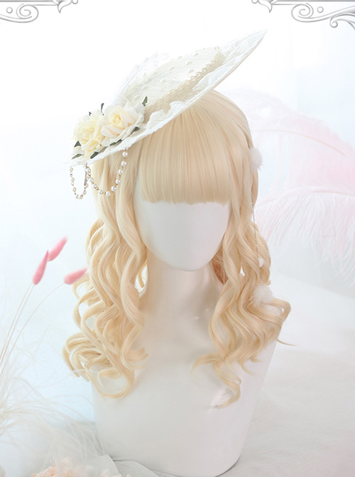 Air bangs Golden Medium Long Curly Hair Classic Lolita Wigs