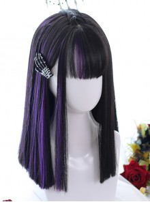 Air bangs Medium-length Hair Purple Highlights Gothic Lolita Black Wigs