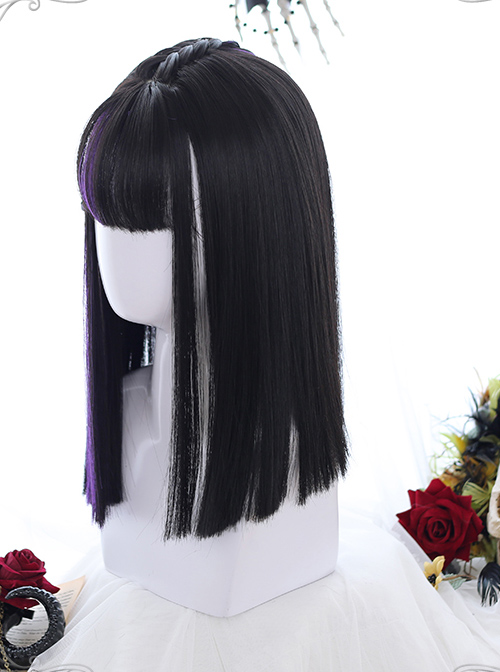 Air bangs Medium-length Hair Purple Highlights Gothic Lolita Black Wigs