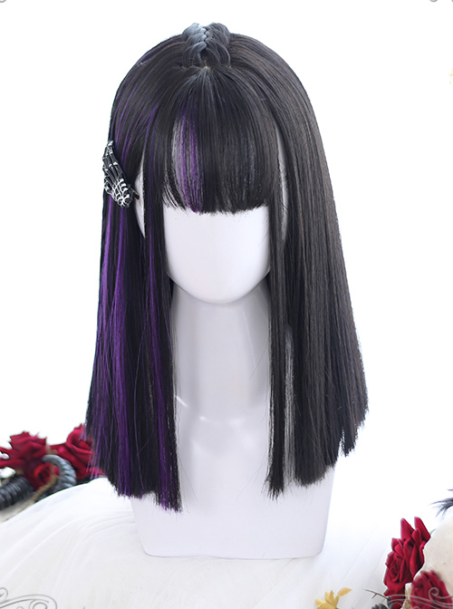 Air Bangs Medium-Length Hair Purple Highlights Gothic Lolita Black Wigs