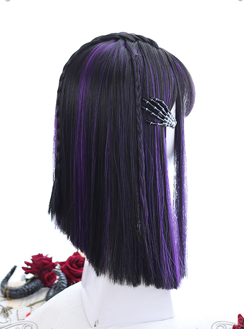 Air bangs Medium-length Hair Purple Highlights Gothic Lolita Black Wigs