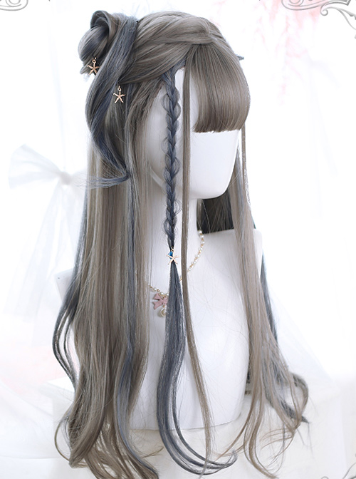 Linen Gray Highlight Gray-blue Hair-tail Micro Curly Long Hair Classic Lolita Wigs