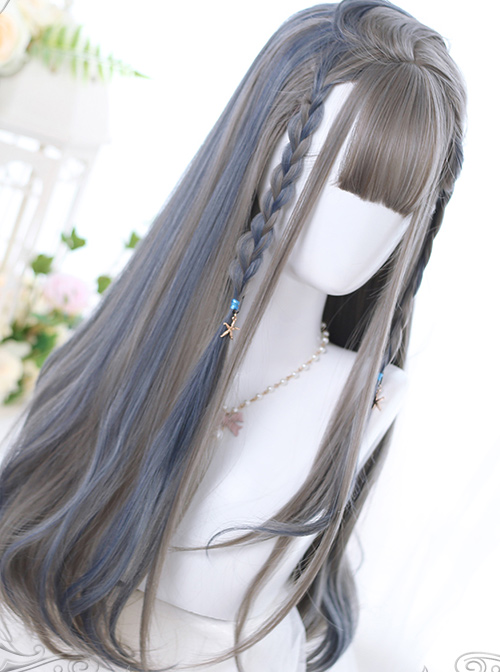 Linen Gray Highlight Gray-blue Hair-tail Micro Curly Long Hair Classic Lolita Wigs