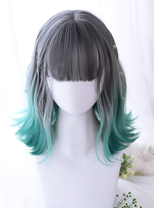 Summer Series Gray Gradient Green Irregular Micro Roll Lolita Wigs