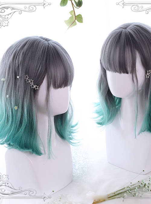 Summer Series Gray Gradient Green Irregular Micro Roll Lolita Wigs