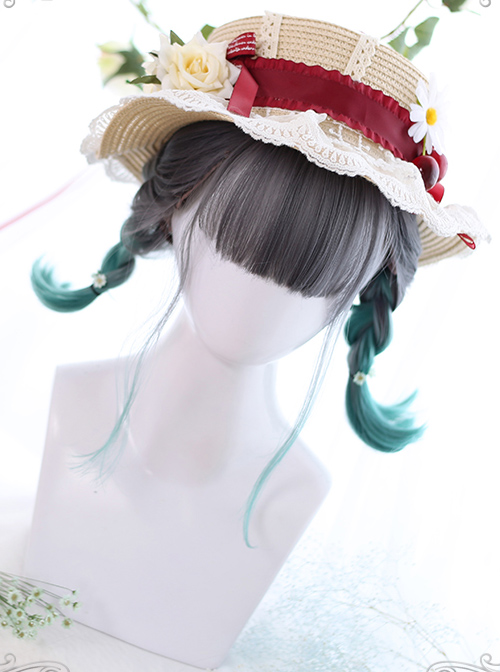 Summer Series Gray Gradient Green Irregular Micro Roll Lolita Wigs