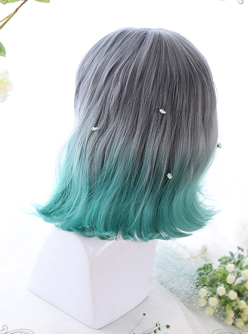 Summer Series Gray Gradient Green Irregular Micro Roll Lolita Wigs