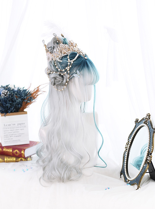 Mint Color And Gray Natural Gradient Long Curly Hair Classic Lolita Wigs