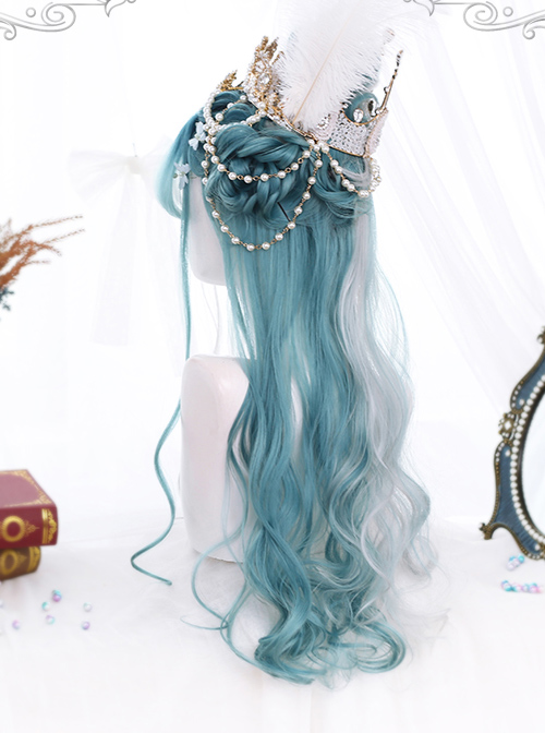Mint Color And Gray Natural Gradient Long Curly Hair Classic Lolita Wigs