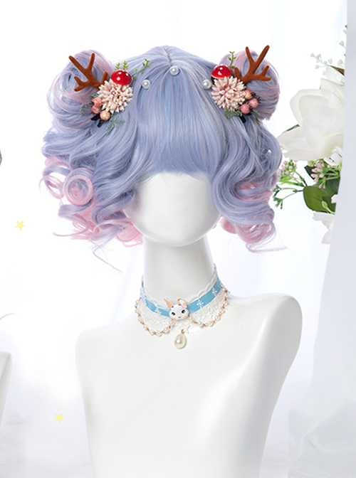 Harajuku Style Tea Party Purple Pink Gradient Short Curly Hair Sweet Lolita Wig