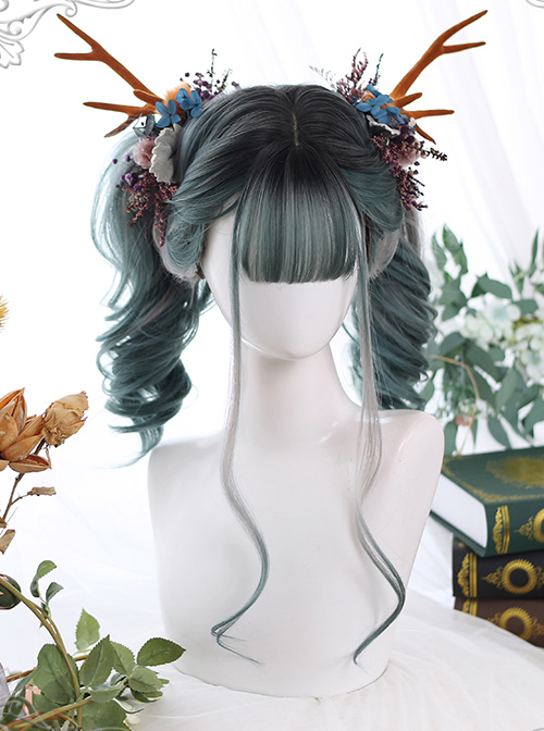 Gray Green Gradient Long Curly Hair Classic Lolita Wigs