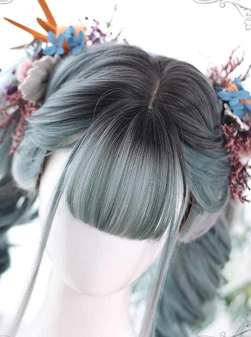 Gray Green Gradient Long Curly Hair Classic Lolita Wigs