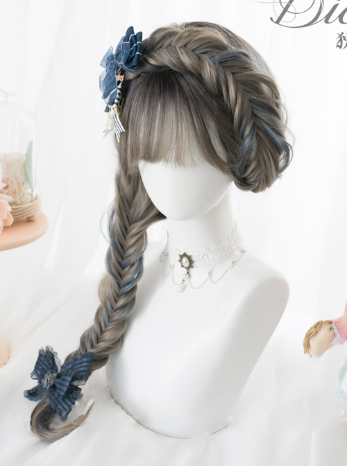 Gray Highlights Blue Gradient Long Curly Hair Classic Lolita Wigs