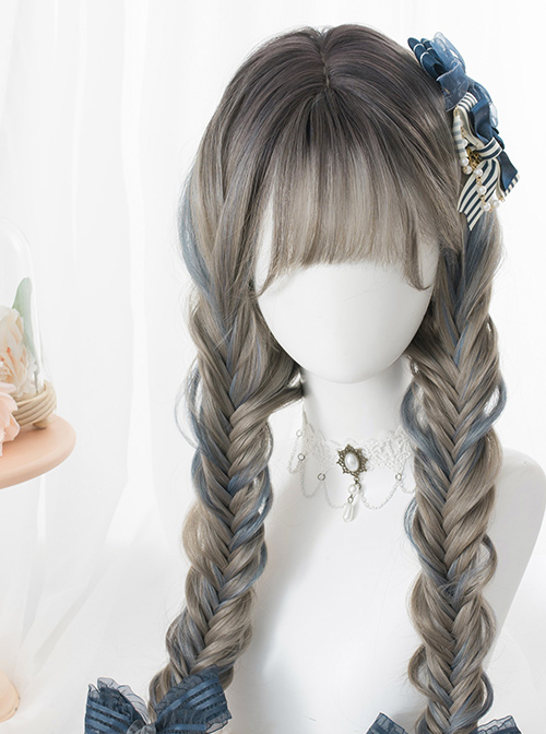 Gray Highlights Blue Gradient Long Curly Hair Classic Lolita Wigs